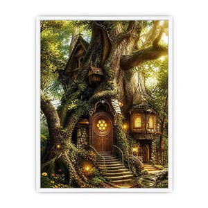 Whimsical treehouse in sunlit forest
