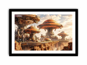 Futuristic city above a desert canyon