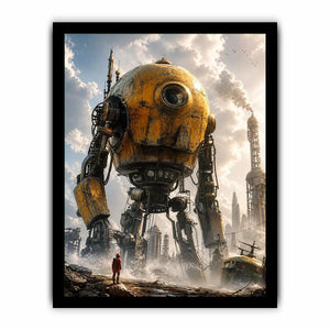 Giant mech in a misty factory landscape