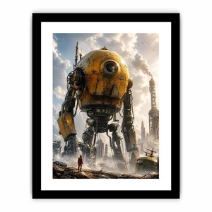 Giant mech in a misty factory landscape