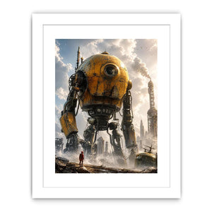 Giant mech in a misty factory landscape