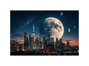 Moonlit skyline with distant planets