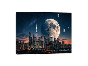 Moonlit skyline with distant planets