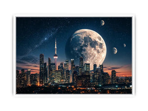 Moonlit skyline with distant planets