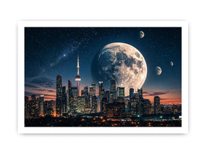 Moonlit skyline with distant planets