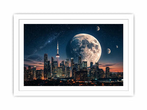 Moonlit skyline with distant planets