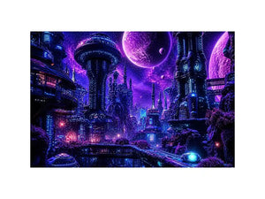 Futuristic city under a cosmic sky