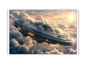 Futuristic ship above golden clouds