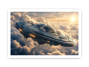 Futuristic ship above golden clouds