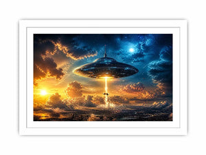UFO above city at dusk