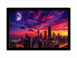 City skyline at twilight with moon