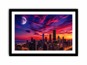 City skyline at twilight with moon