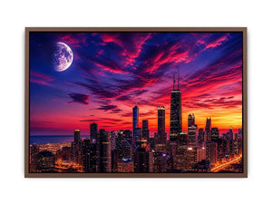 City skyline at twilight with moon