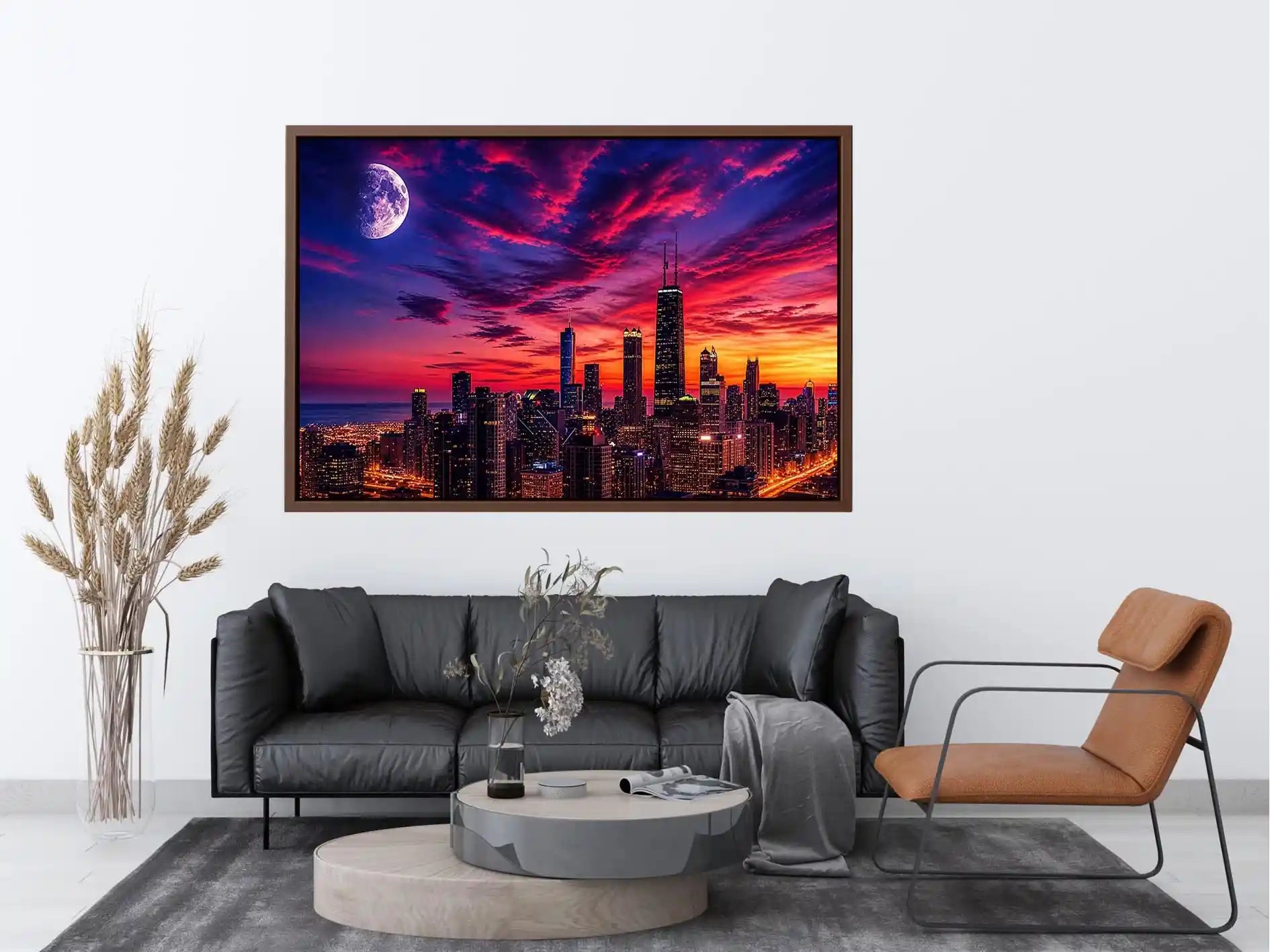 City skyline at twilight with moon
