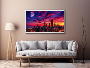 City skyline at twilight with moon
