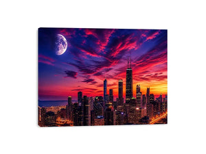 City skyline at twilight with moon