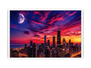 City skyline at twilight with moon