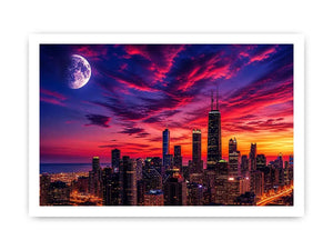 City skyline at twilight with moon