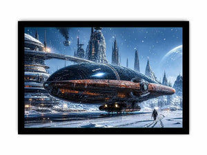 Futuristic outpost in snowy landscape