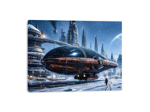 Futuristic outpost in snowy landscape