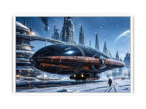 Futuristic outpost in snowy landscape