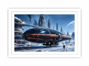 Futuristic outpost in snowy landscape