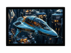 Futuristic hovercraft in canyon metropolis