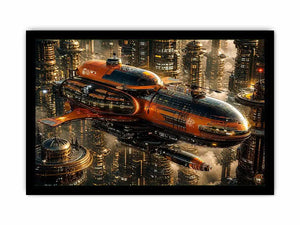 Futuristic metropolis with orange airship