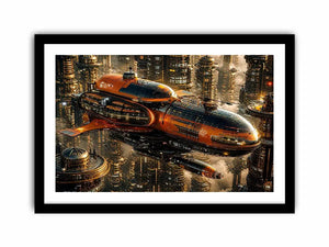 Futuristic metropolis with orange airship