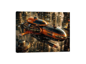 Futuristic metropolis with orange airship