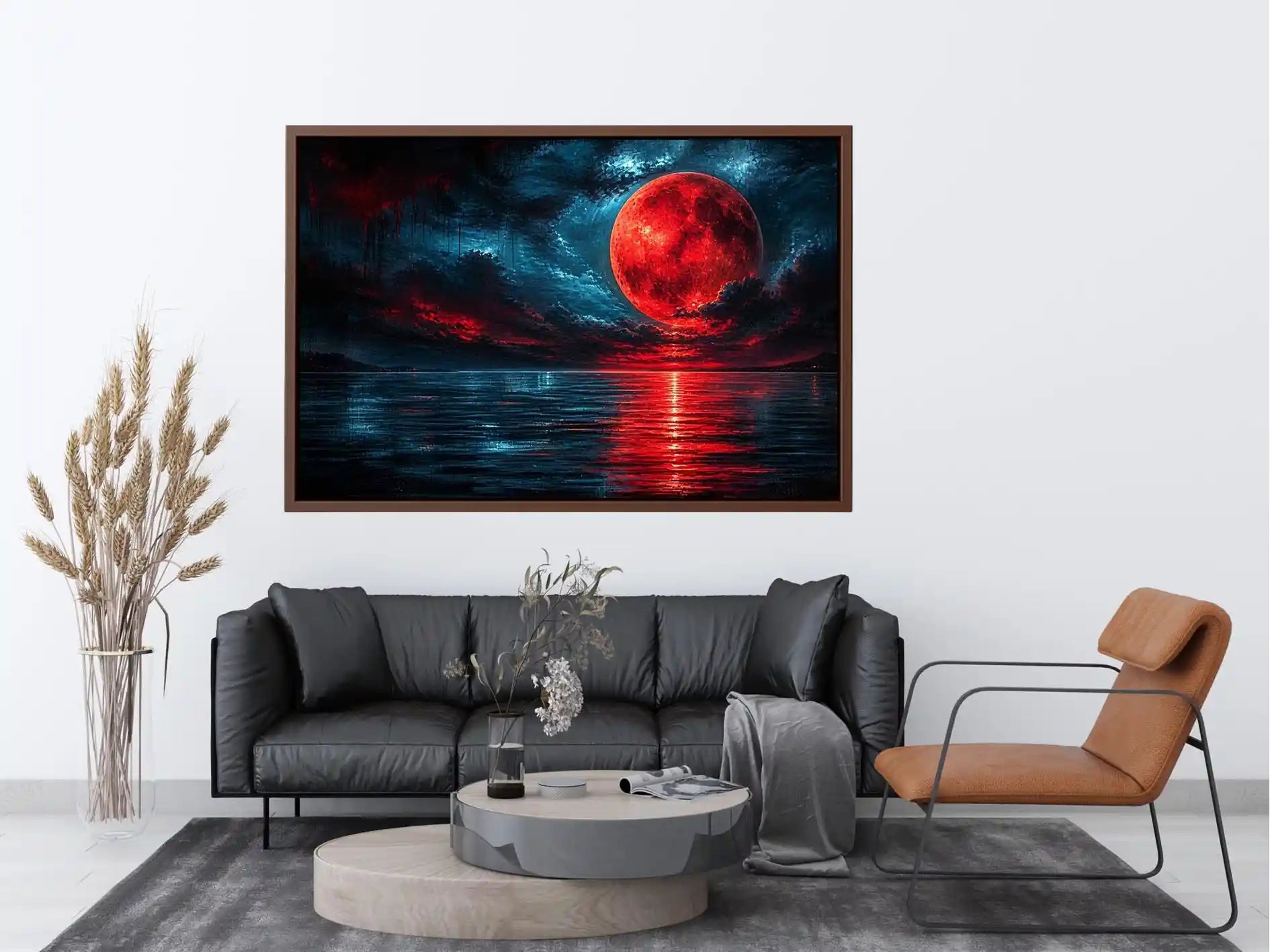 Red moon over tranquil waters