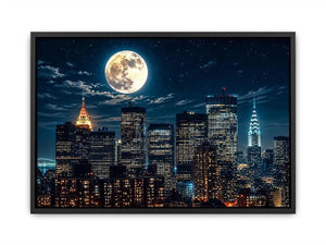 Vibrant cityscape under a glowing moon