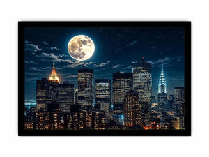 Vibrant cityscape under a glowing moon