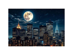Vibrant cityscape under a glowing moon