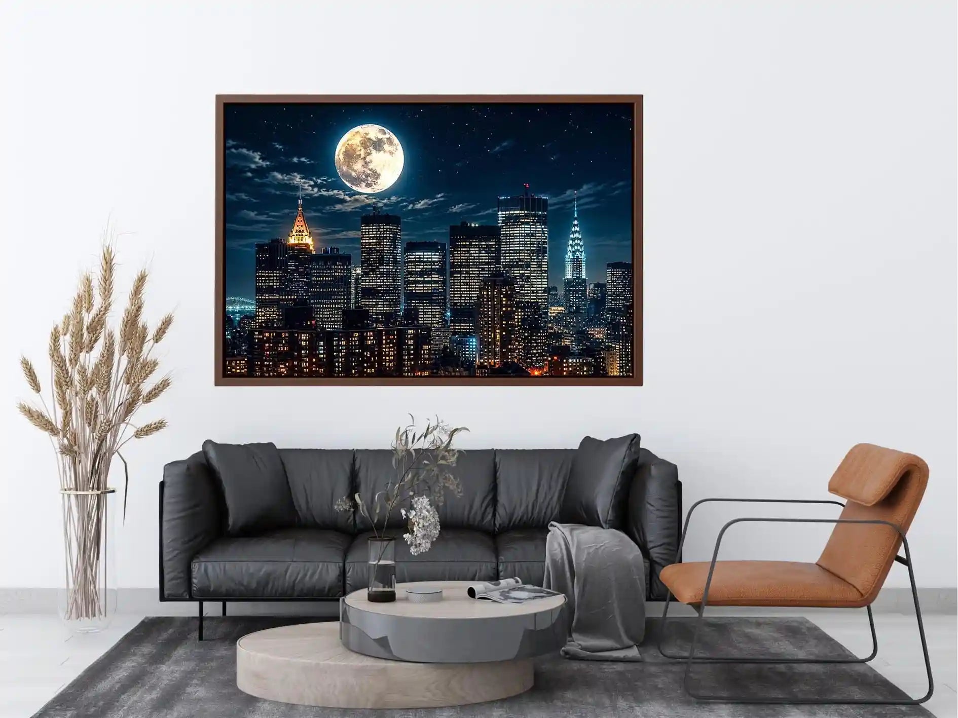 Vibrant cityscape under a glowing moon