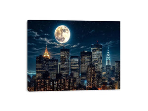 Vibrant cityscape under a glowing moon