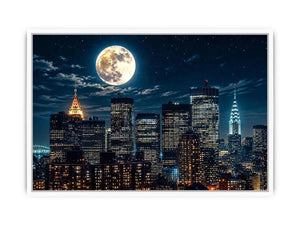 Vibrant cityscape under a glowing moon