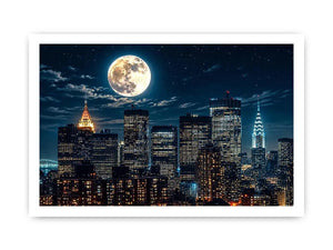Vibrant cityscape under a glowing moon