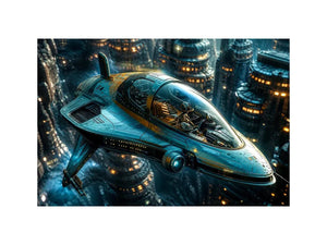Futuristic cityscape with sleek starfighter