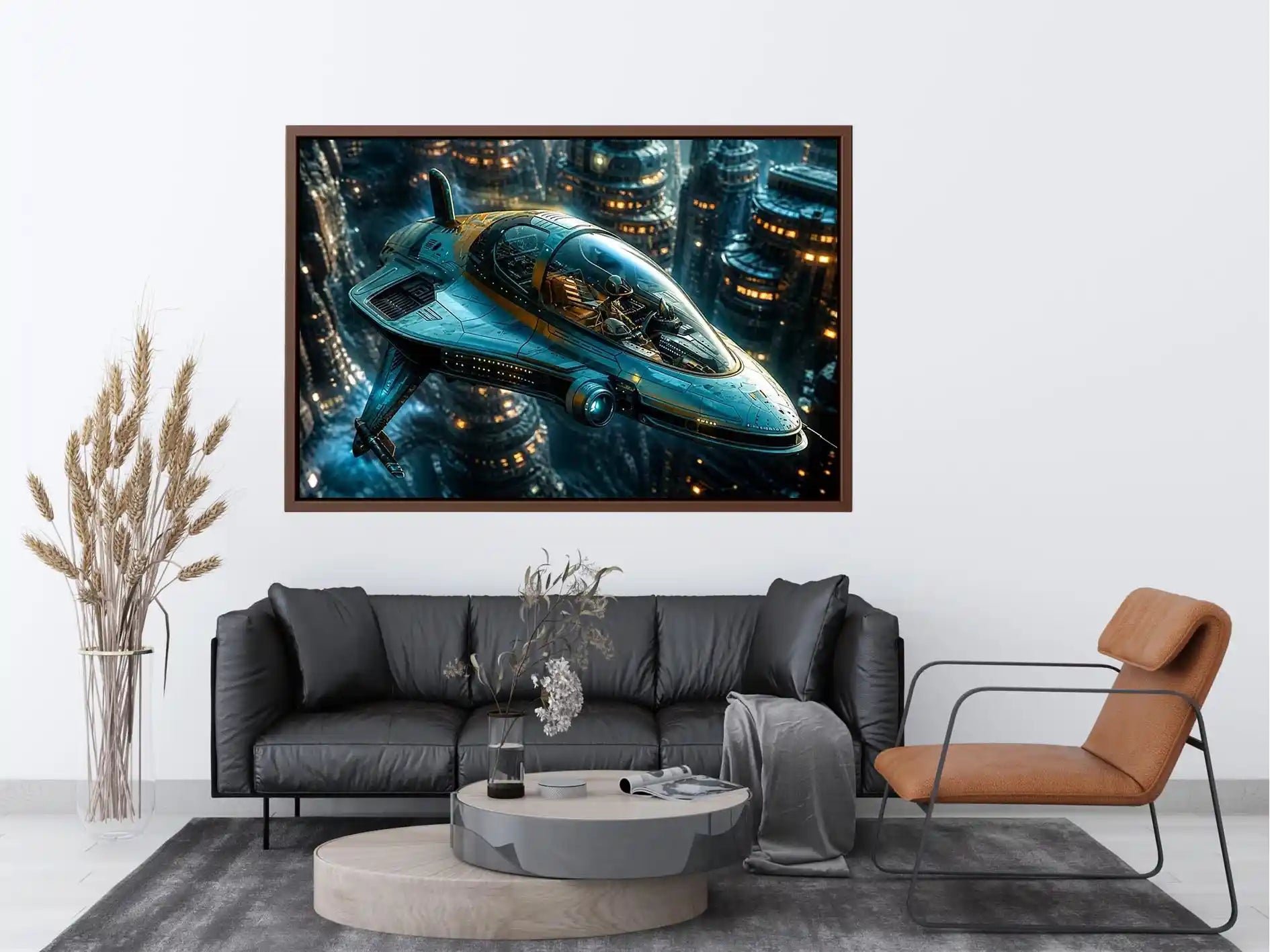 Futuristic cityscape with sleek starfighter