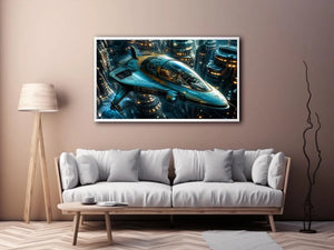 Futuristic cityscape with sleek starfighter