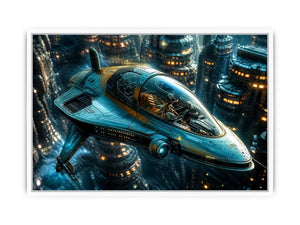 Futuristic cityscape with sleek starfighter