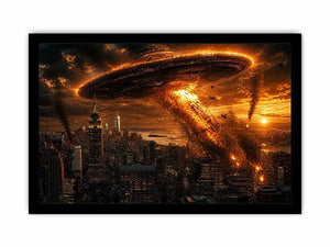 Alien invasion over burning metropolis