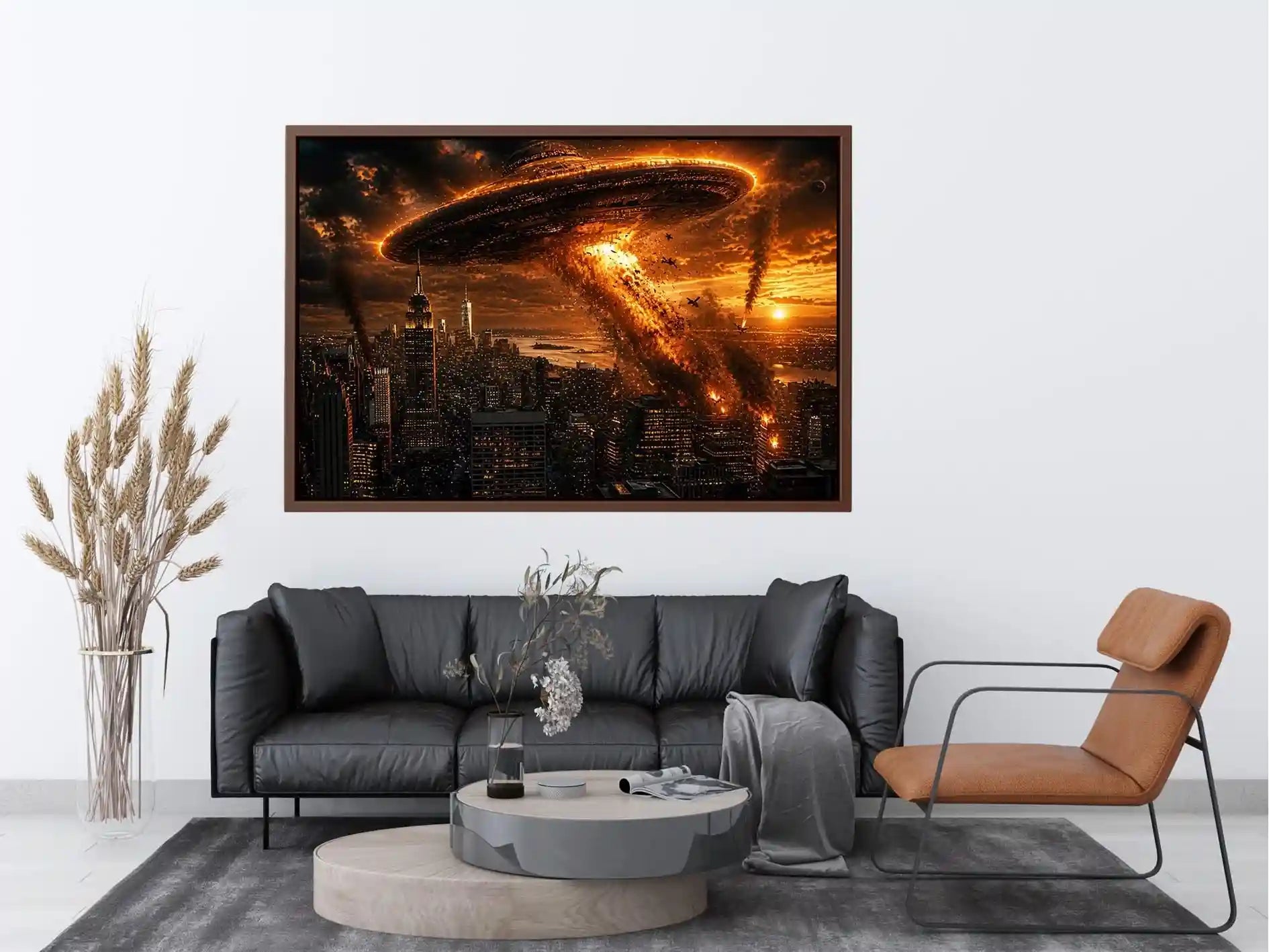 Alien invasion over burning metropolis