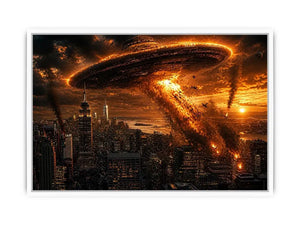 Alien invasion over burning metropolis