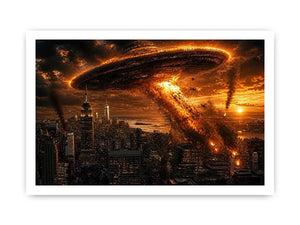 Alien invasion over burning metropolis