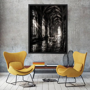 Gothic cathedral corridor in moonlight