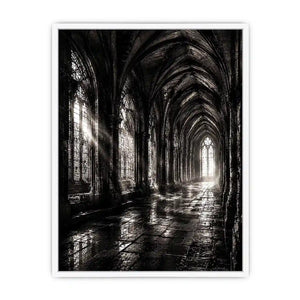 Gothic cathedral corridor in moonlight