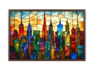 Stained-glass sunset city skyline