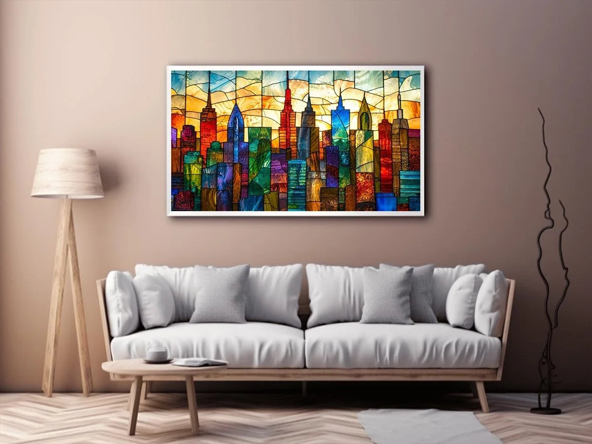 Stained-glass sunset city skyline